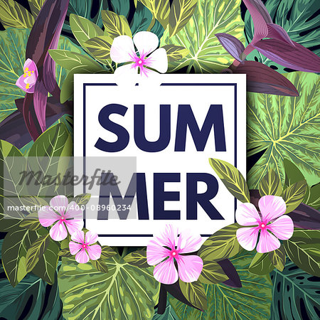 Summer tropical background with exotic palm leaves and pink flowers. Jungle floral template, vector illustration.