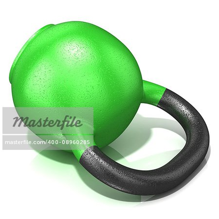 Green kettle bell weight, lying on its side, isolated on a white background. 3D render illustration.