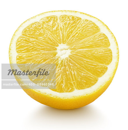 Ripe half of yellow lemon citrus fruit isolated on white background with clipping path