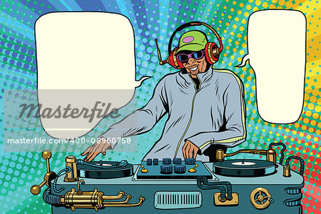 DJ boy party mix music. Pop art retro vector illustration. African American people