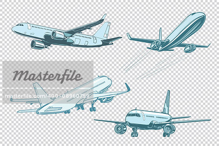 Set of passenger airplanes. Air transport. Pop art retro vector illustration