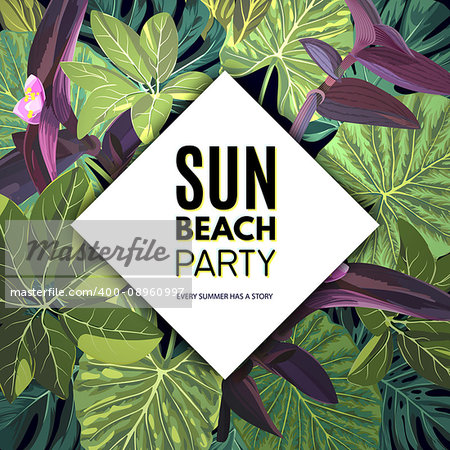 Summer green tropical party flyer design with palm tree leaves and purple flowers, vector illustration