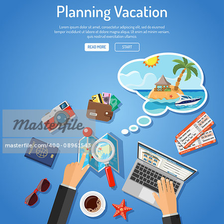 Planning Vacation Concept and Tourism Infographics with Flat Icons for Mobile Applications, Web Site, Advertising like Planning, Booking, Tickets, Money, Speech Bubble, Island, Map and Hands.