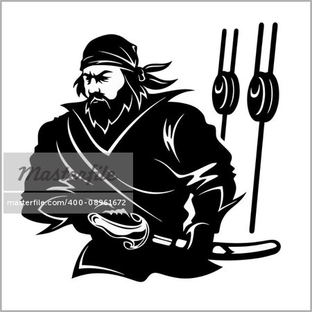 Attacking pirate - black and white vector illustration isolated on white