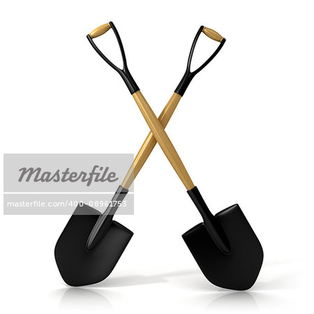 Crossing shovels isolated on white background. 3D render