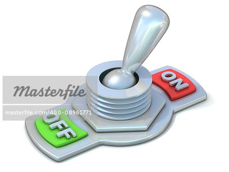 On and off metal toggle switch, flipped in the ON position. 3D render illustration isolated on white background.