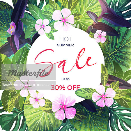 Summer tropical sale banner with exotic pink and purple flowers. Jungle floral template, vector illustration.