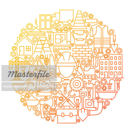 Construction Line Icon Circle Design. Vector Illustration of Building Equipment Objects.