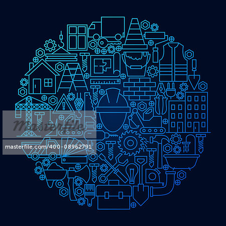 Construction Line Icon Concept Circle. Vector Illustration of Building Equipment Objects.