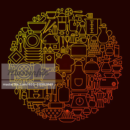 Kitchen Line Icon Concept Circle. Vector Illustration of Kitchenware and Appliances.