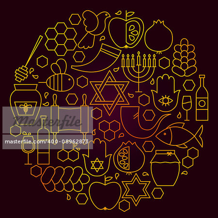 Rosh Hashanah Line Icon Concept. Vector Illustration of Jewish New Year Objects.