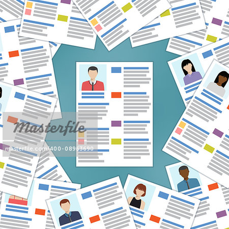 Group of resumes with one in the center. Employment recruitment. Searching professional staff. Also available as a Vector in Adobe illustrator EPS 10 format.