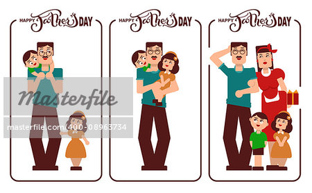 Happy Fathers Day. Dad, mom and kids happy family. Lettering text for template greeting card. Isolated on white vector cartoon illustration