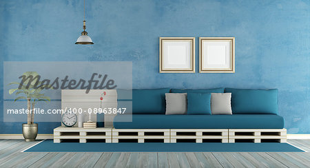 Blue retro living room with pallet sofa - 3d rendering