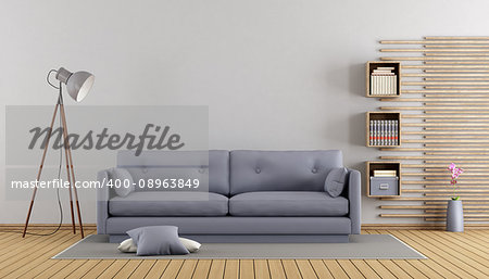 Minimalist lilac living room with sofa and wooden bookcase on wall - 3d rendering