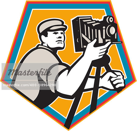 Illustration of a cameraman movie director with vintage movie film camera viewed from low angle set inside shield crest on isolated background done in retro style.