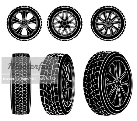 Vector illustration of a six wheels on the white