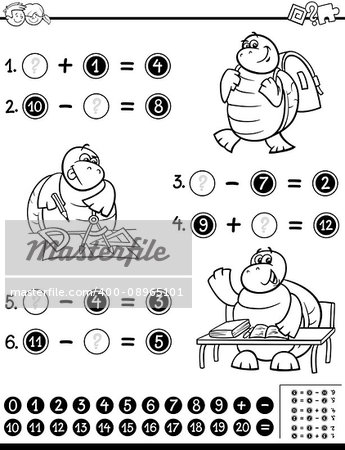 Black and White Cartoon Illustration of Educational Mathematical Activity Worksheet for Coloring