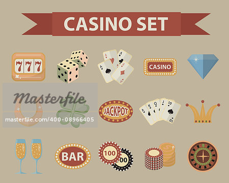 Casino icons, vintage style. Gambling set isolated on a white background. Poker, card games, one-armed bandit, roulette collection of design elements. Vector illustration, clip art