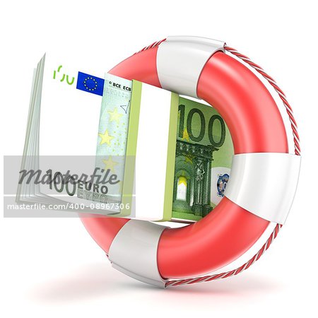 Life buoy with euros banknote. 3D render illustration isolated on a white background