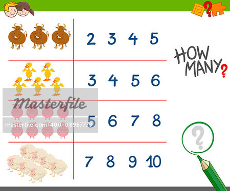 Cartoon Illustration of Educational Counting Game for Children with Cute Farm Animal Characters