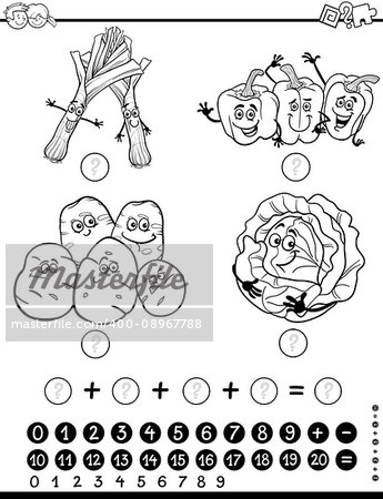 Black and White Cartoon Illustration of Educational Mathematical Activity Game for Children with Food Objects Vegetable Characters Coloring Page