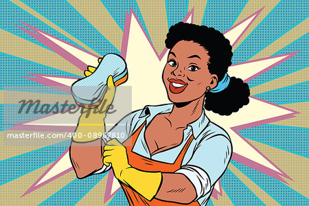 The cleaner with a sponge. African American people. Comic cartoon style pop art retro color picture illustration