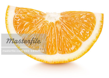 Ripe wedge of orange citrus fruit isolated on white background. Orange slice with clipping path