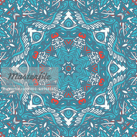 Festive Colorful Tribal ethnic seamless pattern ornamental. Geometric print. Blue winter holiday snow star background