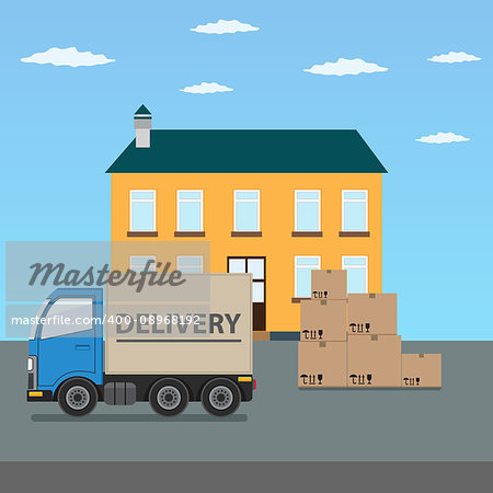 Delivery truck with cardboard boxes near house. Also available as a Vector in Adobe illustrator EPS 10 format.