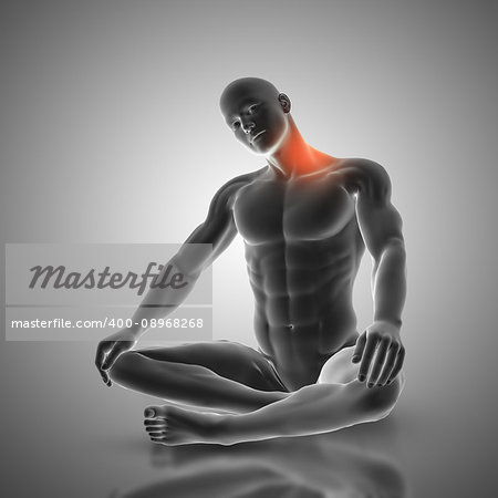 3d render of a male figure in neck stretch pose showing muscles used