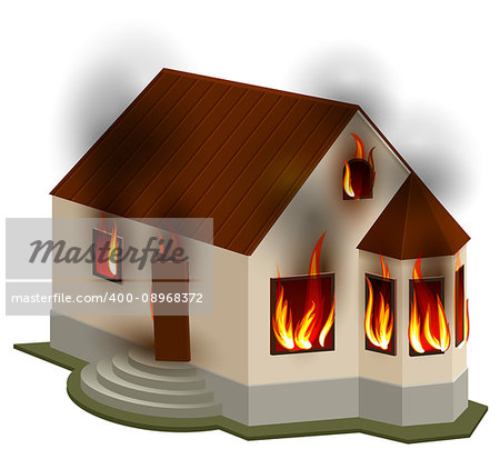 Property Insurance. Private house is on fire. Isolated on white vector 3d illustration