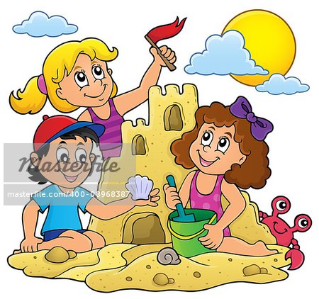 Children building sand castle theme 1 - eps10 vector illustration.