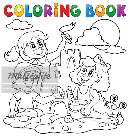 Coloring book children and sand castle - eps10 vector illustration.