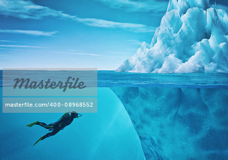 Diver swimming near an iceberg. This is a 3d render illustration.