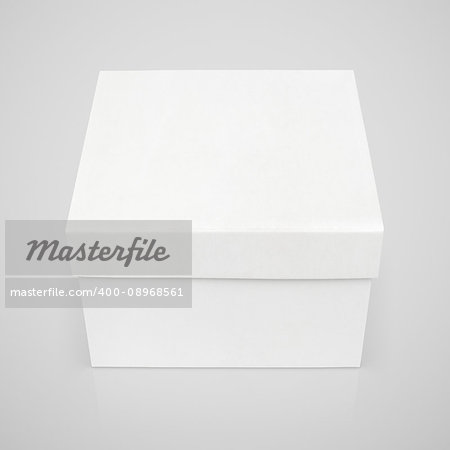 Closed square white paper box on gray with clipping path