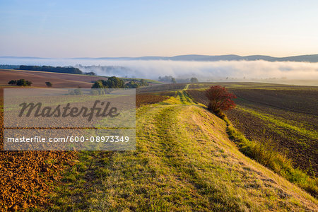 Countryside with pathway and morning mist over the fields in the community of Grossheubach in Bavaria, Germany Countryside with pathway and morning mist over the fields in the community of Grossheubach in Bavaria, Germany