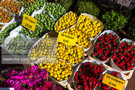 Close-up of colorful bunches of flowers for sale at the Flower Market in Amsterdam, Holland