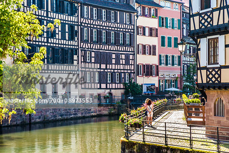 Half-timber buildings and patio along the River Ill at Petite France in Strasbourg, France