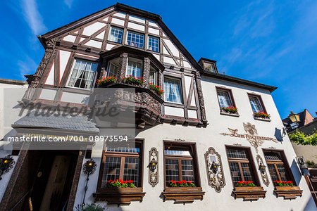 Close-up of the front of the Hotel Felsenkeller on Oberstrasse road in Rudesheim, Germany