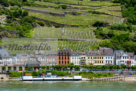 Dock and traditional buildings at Kaub along the Rhine between Rudesheim and Koblenz, Germany