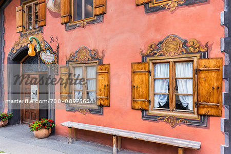Close-up of the architecture of the Violin Museum in the town of Mittenwald in Bavaria, Germany Close-up of the architecture of the Violin Museum in the town of Mittenwald in Bavaria, Germany