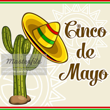 Vector of holiday Cinco De Mayo card with cactus, national hat sombrero and native background