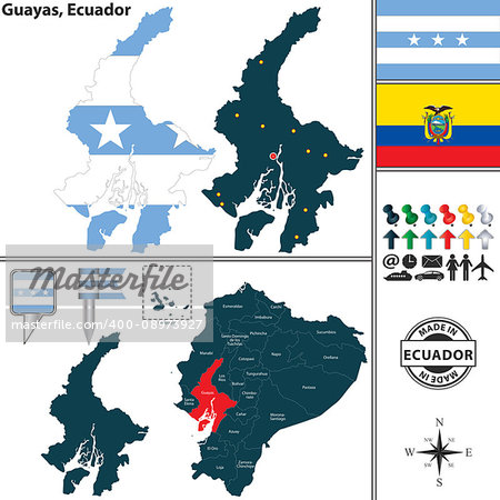 Vector map of province of Guayas with flags and location on Ecuadorian map