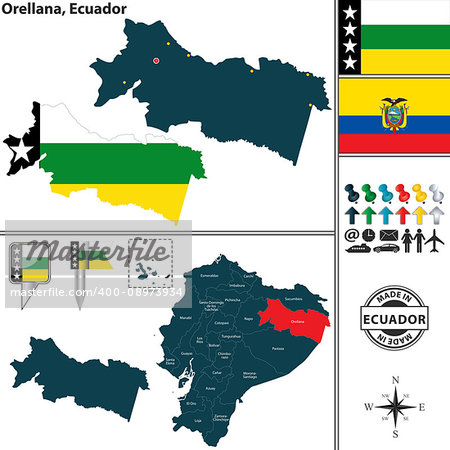 Vector map of province of Orellana with flags and location on Ecuadorian map