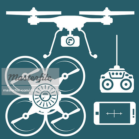 Silhouette of quadcopter and remote contro and smartphone