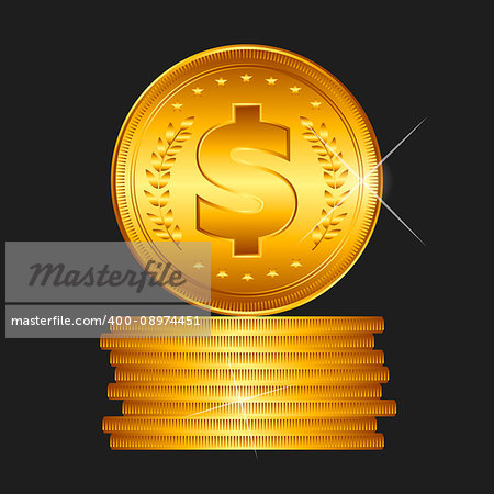 Gold dollar coin on black background, vector illustration.