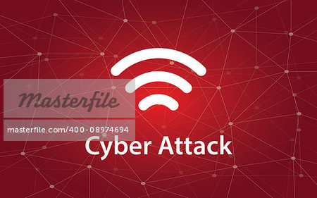 cyber attacks white text illustration with constellation map on red background and signal bar icon vector