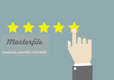 minimalistic illustration of hands of a businessman giving a five star rating, eps10 vector