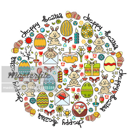 Vector Greeting card with Easter icon and handwritten word Happy Easter isolated on white background.